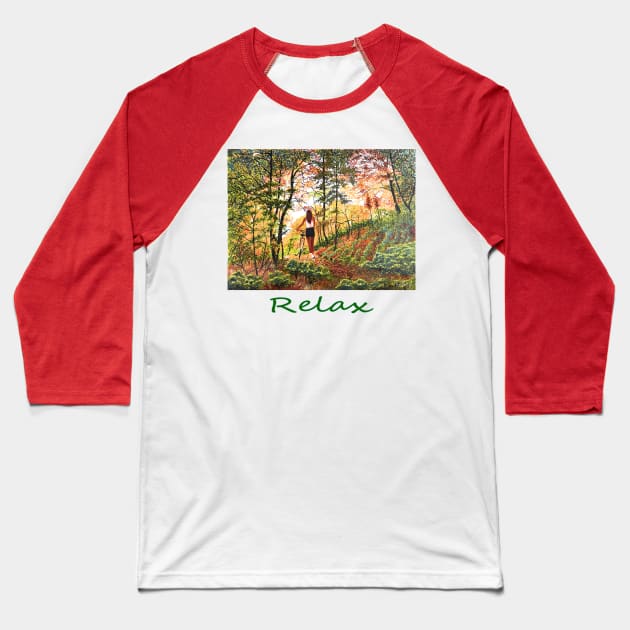 Woman girl with bicycle peaceful relaxing in woods zen yoga buddhism Baseball T-Shirt by Fantasyart123